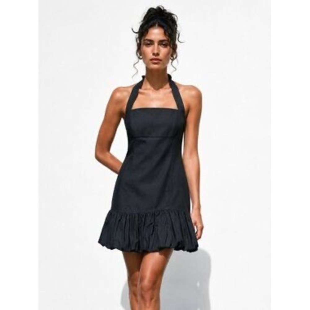 Zara Halter Neck Bubble Hem Mini Dress Linen Blend Size XS Black Euro Summer